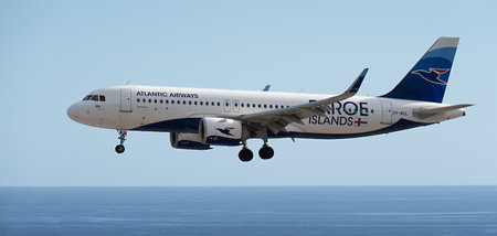 Tenerife, Spain November 5 st, 2023. Airbus A320-251N of Atlantic Airways Airlines flies in the blue sky, landing at Tenerife Airport over the oceanのeditorial素材