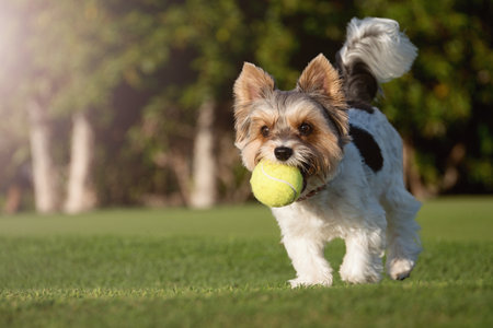 Happy Biewer Yorkshire Terrier dog running in the grass with ball toy for dogs outdoors on a sunny day. Funny puppy playing with dog toyの写真素材