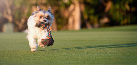 Happy Biewer Yorkshire Terrier dog running in the grass with stick toy for dogs outdoors on a sunny...