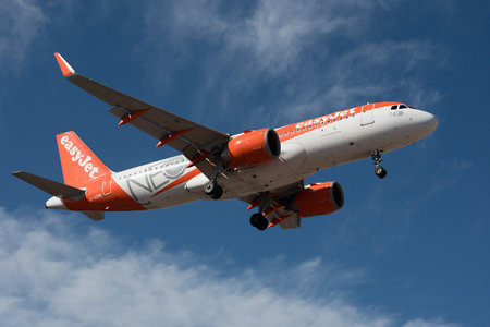 Tenerife, Spain January 3rd, 2024. Airbus A320-251N easyJet Airlines flies in the blue sky. Landing at Tenerife Airportのeditorial素材