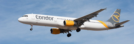 Tenerife, Spain January 13th, 2024. Airbus A321-211 Condor Airlines flies in the blue sky. Landing at Tenerife Airportのeditorial素材