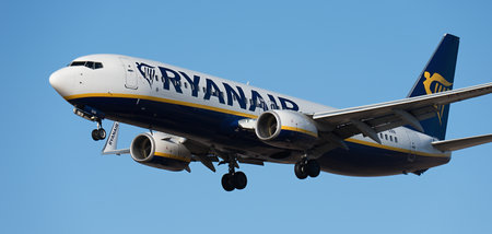 Tenerife, Spain January 17th, 2024. Boeing 737-8AS Ryanair Airlines flies in the blue sky. Landing at Tenerife Airportのeditorial素材