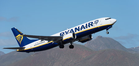 Tenerife, Spain January 21st, 2024. Boeing 737 MAX 8-200. Ryanair Airlines flies in the blue skyのeditorial素材