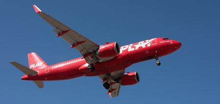 Tenerife, Spain January 31st, 2024. Airbus A320-251N Play Airlines flies in the blue sky. Landing at Tenerife Airportのeditorial素材