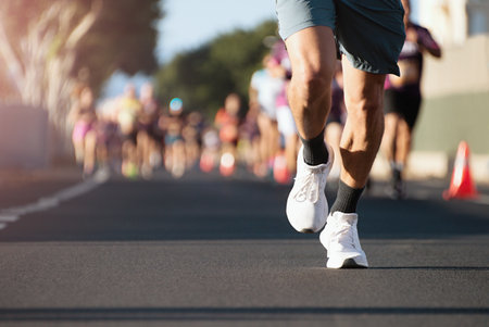 Marathon running in the light of morning. People feet on city road