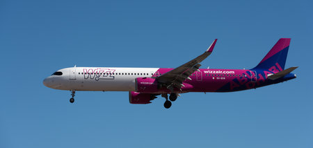 Tenerife, Spain May 2st, 2024. Airbus A321-271NX Wizz Air Airlines flies in the blue sky. Landing at Tenerife Airportのeditorial素材