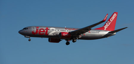 Tenerife, Spain May 2st, 2024. Boeing 737-8MG Jet2 Airlines flies in the blue sky. Landing at Tenerife Airportのeditorial素材