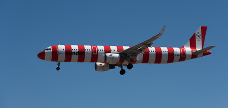 Tenerife, Spain May 3st, 2024. Airbus A321-211 Condor Airlines flies in the blue sky. Landing at Tenerife Airportのeditorial素材