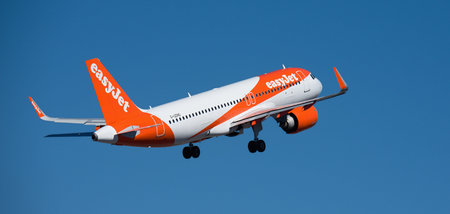 Tenerife, Spain february 1st, 2026. Airbus A320-251N easyJet airlines, flies in the blue sky....