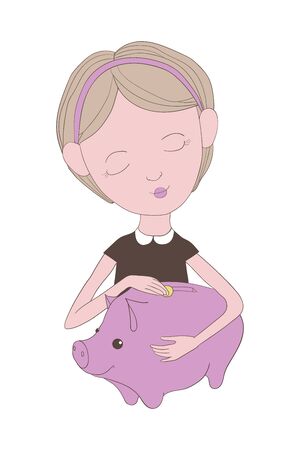 Girl with money in piggy bankのイラスト素材