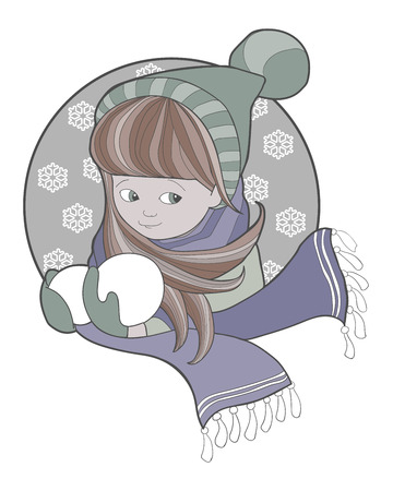 Girl in knitted hat and scarf with snowballsのイラスト素材