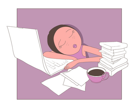 Slleeping girl on desk with notebook and booksのイラスト素材