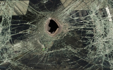 Broken car glass, accident, crush, front window damage.