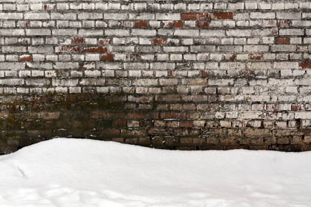 Grungy brick wall texture and pile of snow. abstract seasonal backgroundの写真素材