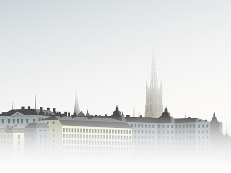 Old town in the fog, houses and towers.のイラスト素材