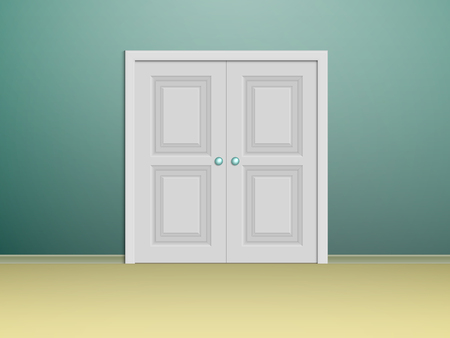 double white panelled doors in a room with turquoise wallsのイラスト素材