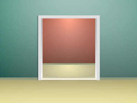 two rooms with turquoise and red walls, and a rectangular arched doorway between themのイラスト素材