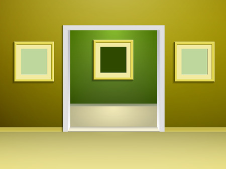 two rooms of the gallery with yellow and green walls and rectangular arched doorway between themのイラスト素材