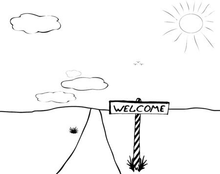 Black-and-white landscape with a road and a sign "welcome".のイラスト素材