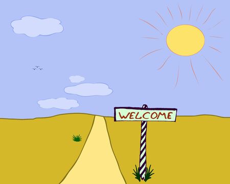 Painted cartoon landscape with road in the desert and a sign that says "Welcome"のイラスト素材