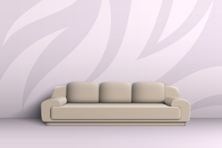 Three seater sofa with cushions in a room with patterned walls.のイラスト素材