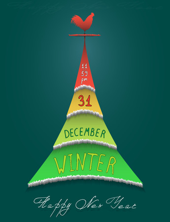 Happy new year. Stylized decorative paper Christmas tree in the form of a calendar with tear-off colored leaves with inscriptions and a red rooster weather vane on topのイラスト素材