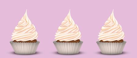 The set of three delicious cakes with lots of sweet cream. Pink background. Simulation 3Dのイラスト素材