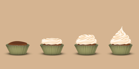 Set of 4 cupcakes in one line in tins. Starting without the cream and ending with ascending three-tier cream. Brown background. 3D simulationのイラスト素材