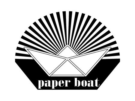 stylized image or logo is a paper boat in the sea on the background of the setting sun and the inscription beneath it. Black and white versionのイラスト素材