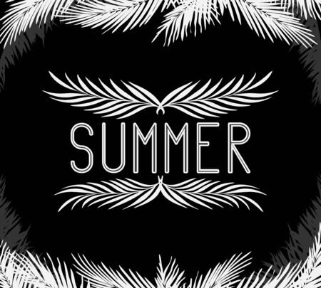 the inscription summer in the frame of the leaves of palm trees white on black. night Doodle for logos and postersのイラスト素材