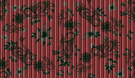 decoration of leaves and flowers painted on the red wall seamless patternのイラスト素材