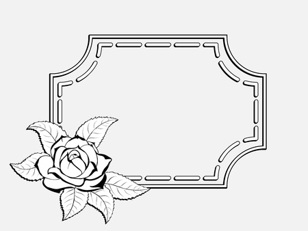 Decorative black and white frame for greeting cards and greetings, boutonniere of roses in the cornerのイラスト素材