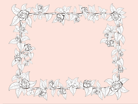 Decorative frame of barbed branches of a rose with leaves and rose buds around the perimeter of pastel colours. For a stylish greeting cards and postcards.のイラスト素材