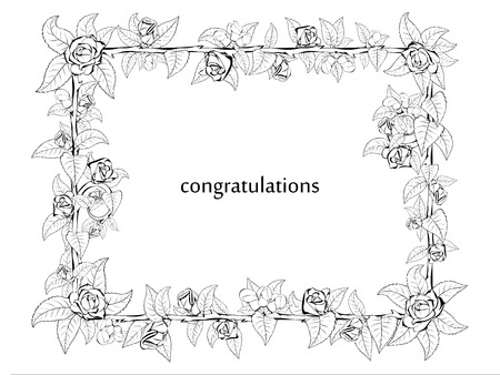 Decorative frame of barbed branches of a rose with leaves and rose buds around the perimeter in a black and white theme for stylish greetings and cards.のイラスト素材