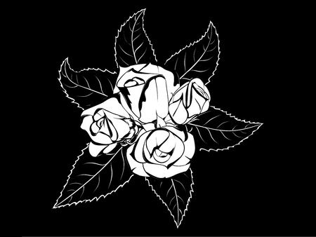 Black and white stylized flower pin from buds and leaves of roses. For decorations and design, social networking, and congratulations.のイラスト素材