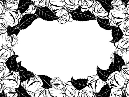 frameless oval frame design for greeting card in black and white style, surrounded by buds and leaves of rosesのイラスト素材