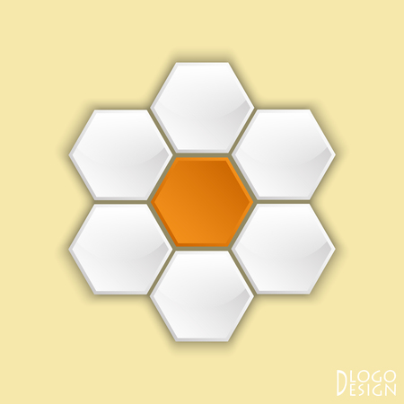Logo on yellow background from convex white hexagons with a glossy surface and a facet, with orange concave Central element composed of a circle in the form of a Daisy flower.のイラスト素材