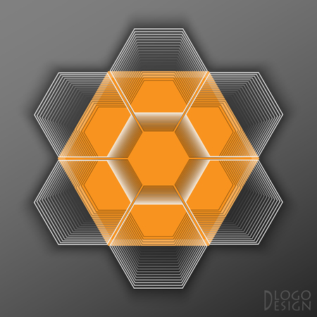 The logo on a dark background in the form of two intersecting divergent truncated triangles collected from white contours together like a stylized gear with orange hexagonal base in the middle and shadow around. Looks like a danger sign or a futuristic emblem.のイラスト素材