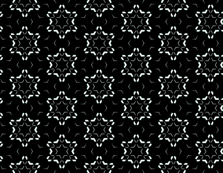 Black and white seamless pattern of snowflakes with contrasting elements on a dark background for...