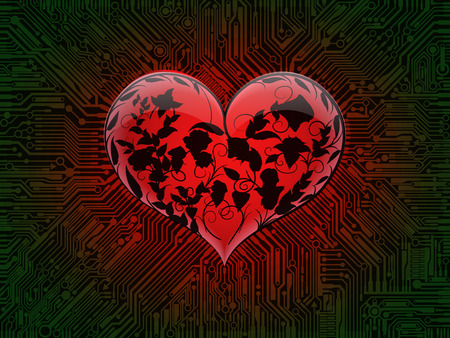 Surround glowing glass red heart with the contours of intertwined leaves and flowers of roses on the background of a computer circuit Board with green tracks. Design combines the technical elements and the theme of Valentine's dayのイラスト素材