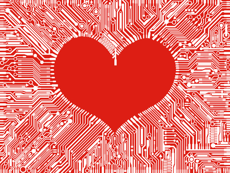 Vector image in the shape of a heart surrounded by white paths of the printed circuit Board on a red background. For fashion technical design on the theme of Valentine's dayのイラスト素材