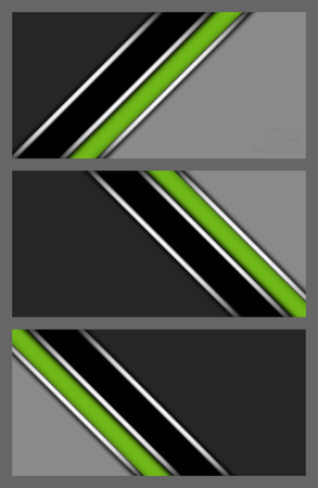 Set of abstract geometric business card designs with stylized green diagonal stripes on grey backgroundのイラスト素材