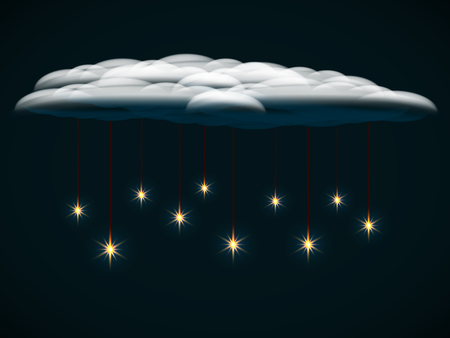 Bright glowing stars on a dark background, suspended on threads on a cloudのイラスト素材