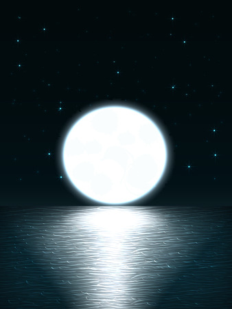 Vector night landscape with a view of the sea with waves and night sky with the constellations and bright huge moon that sinks beyond the horizon and the moon path on the waterのイラスト素材
