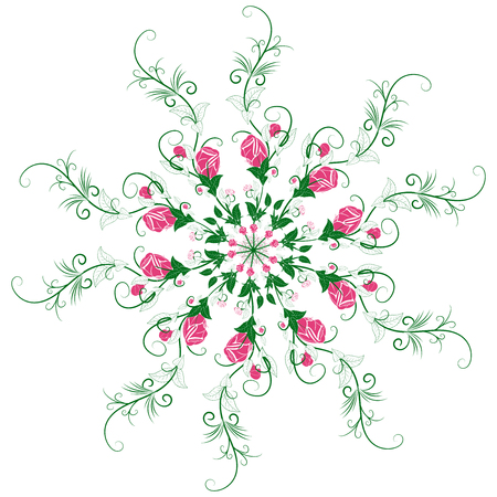 Abstract floral mandala. Branches and leaves and rosebuds. Circular symmetrical patternのイラスト素材