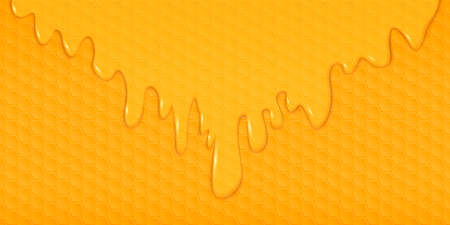 A flow of sweet translucent honey on the honeycomb. Business card template. 3D material design.のイラスト素材