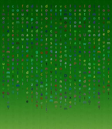 Falling characters as an element of an encrypted message. Multicolored rainbow letters on a green background in the Matrix styleのイラスト素材