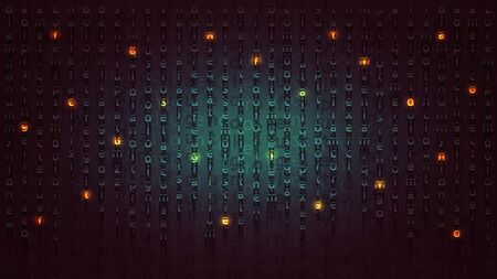 Stylish fantasy cryptogram with glowing letters. Beautiful dark background for banners and prints in the style of cyber fantasy. Wallpaper for screens in 9 by 16 formatのイラスト素材