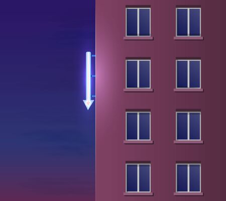 The side of the modern panel house. Decorative glowing neon arrow on the wall. Night landscape.のイラスト素材