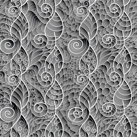 Three-dimensional seamless pattern in gray tones. Sharp lattice of stylized leaves and spirals. Depth simulation.のイラスト素材